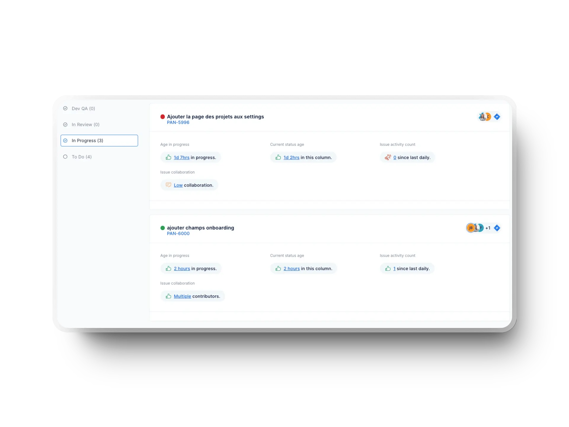 Axify’s daily digest highlights task progress, status age, and collaboration levels.