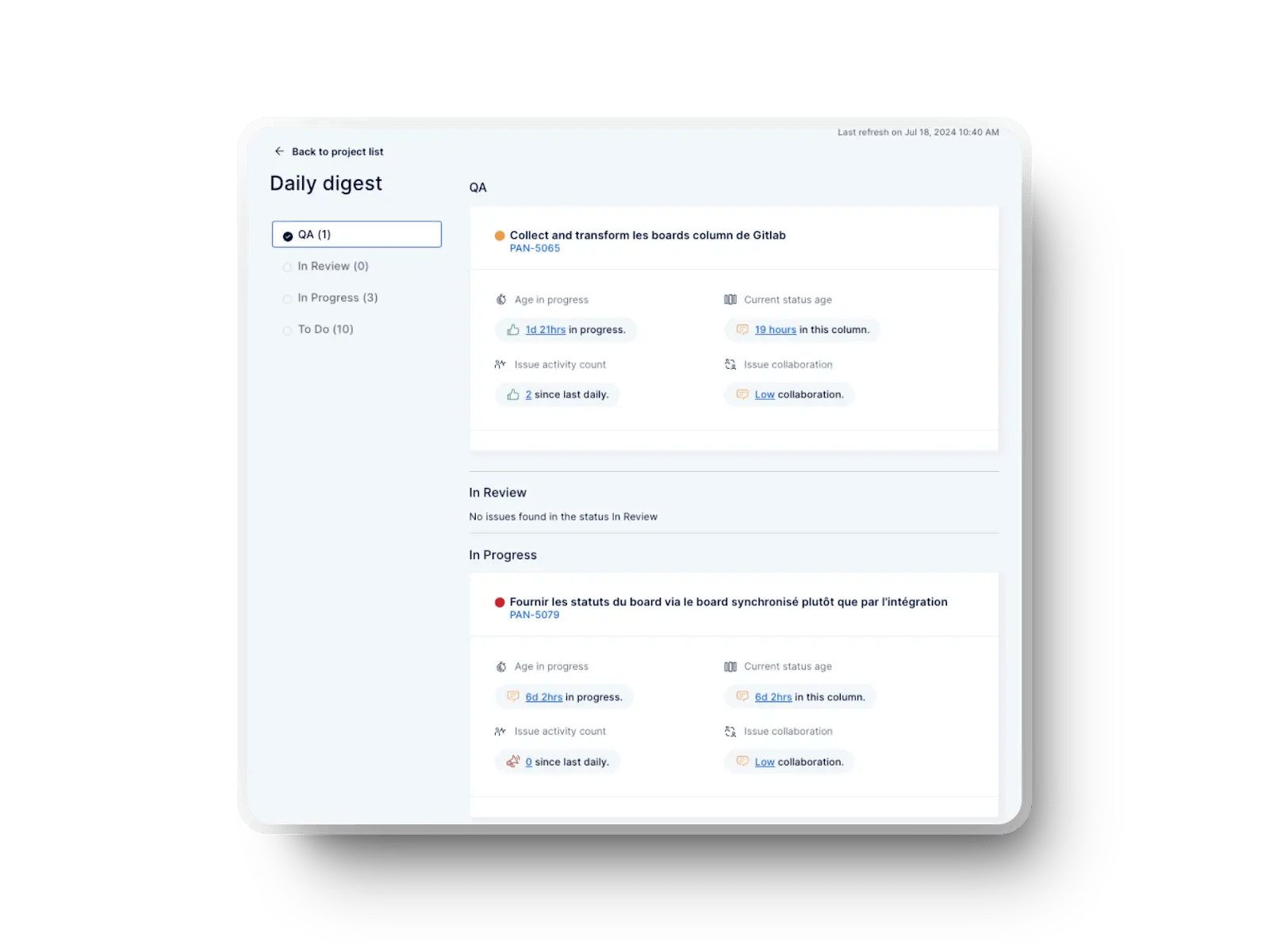 Axify daily digest view tracking time spent on QA and progress with collaboration data.