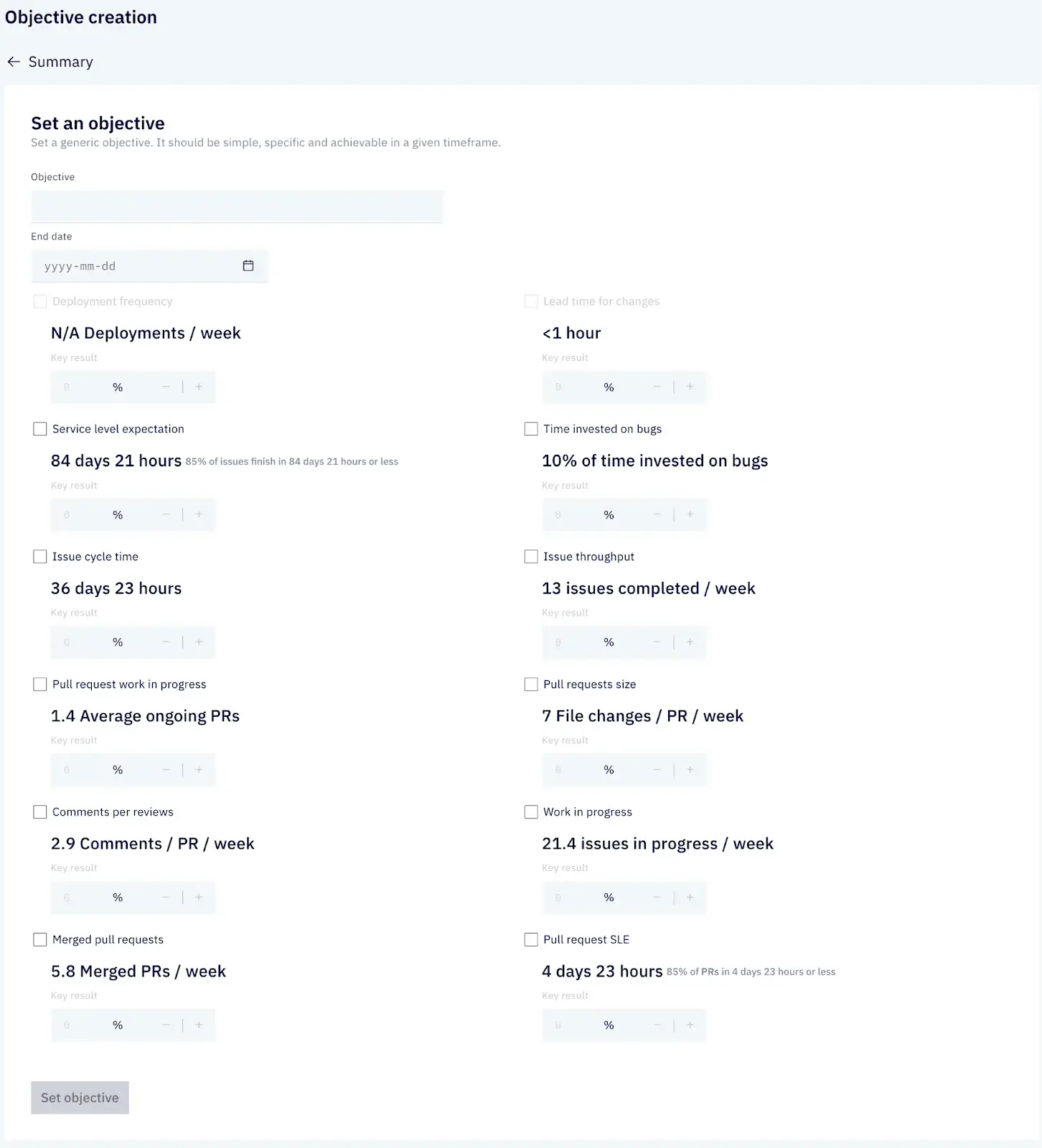 Objective creation interface from Axify with fields for setting goals, key results, and progress tracking.