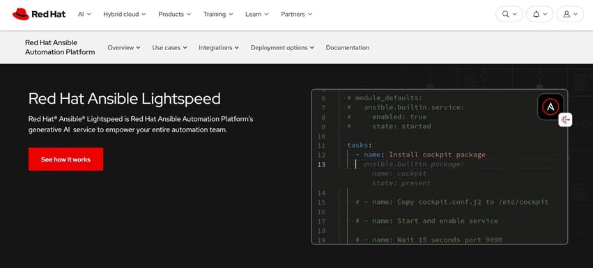 Red Hat Ansible Lightspeed supporting AI-driven automation workflows.