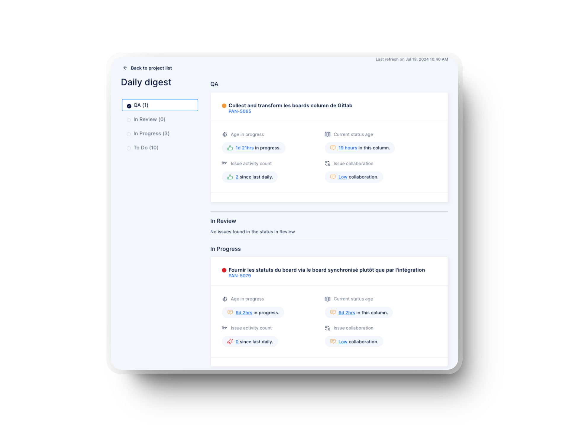 engineering dashboard in axify (daily digest) for software engineering leaders