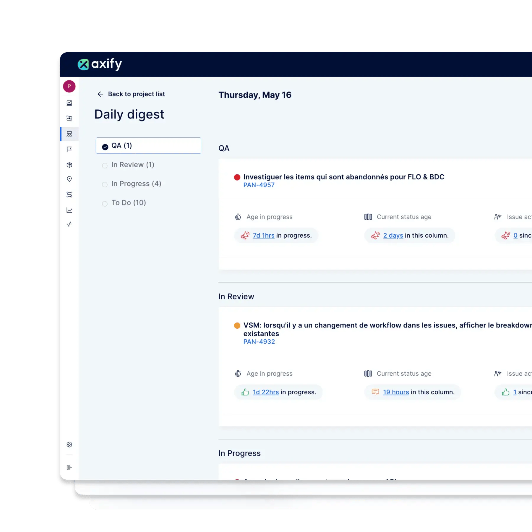 Overview of the Daily Digest in Axify, a daily tool for ceremonies, meetings and software development rituals.