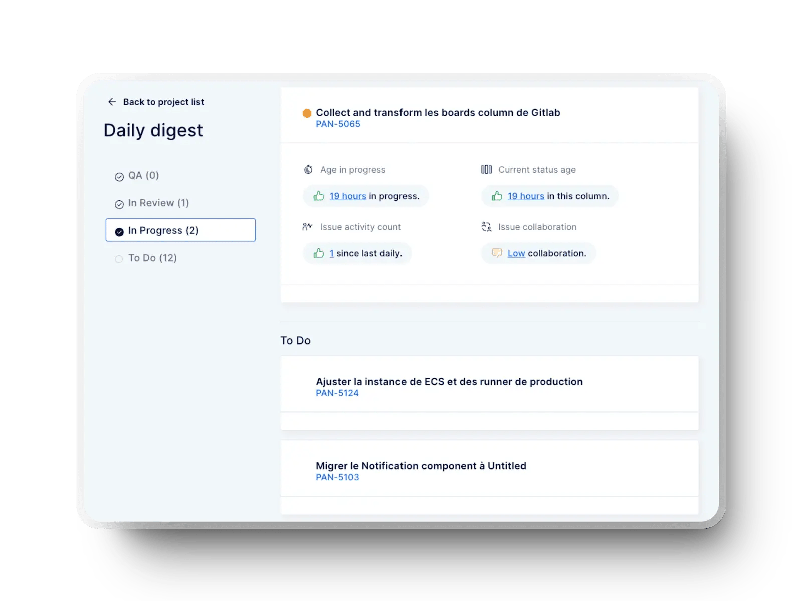 Axify Daily Digest showing issue progress, collaboration level, and task status.