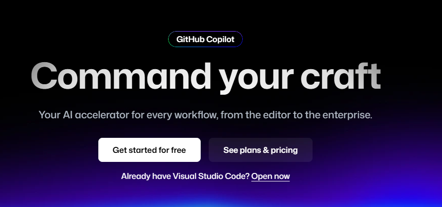 GitHub Copilot Homepage showcasing the AI tool for editors and enterprises