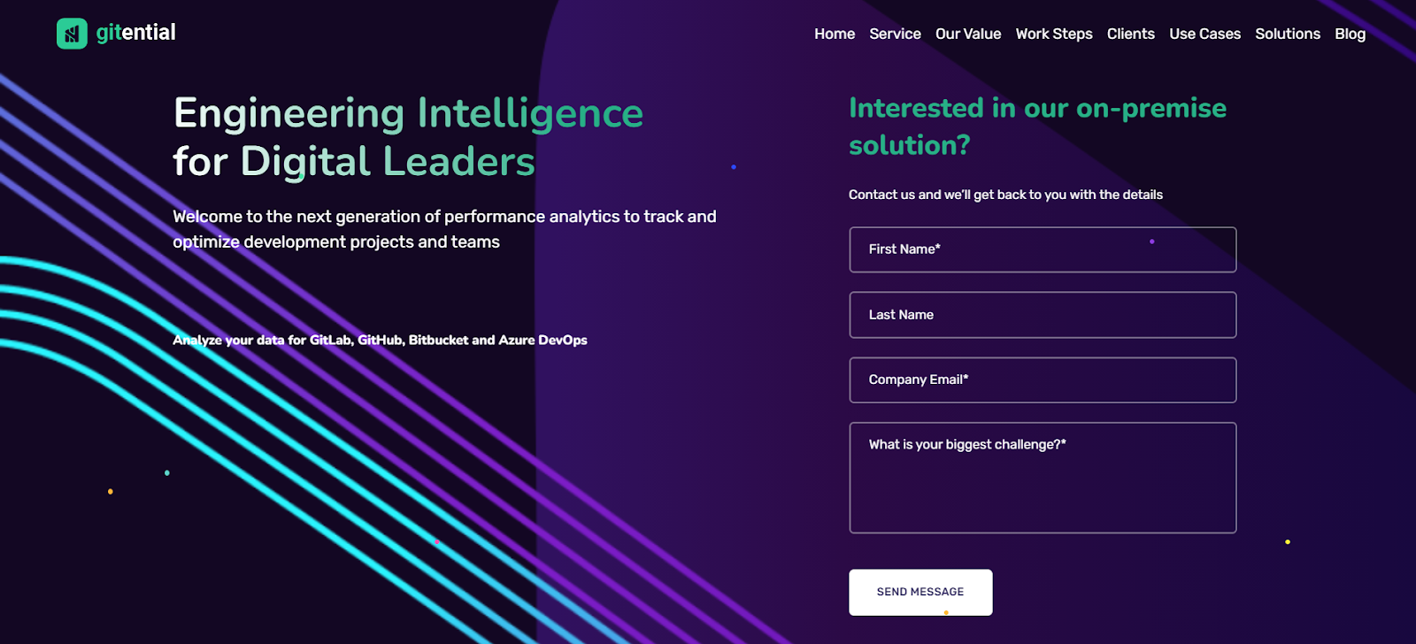 Gitential homepage showing engineering intelligence platform and contact form.
