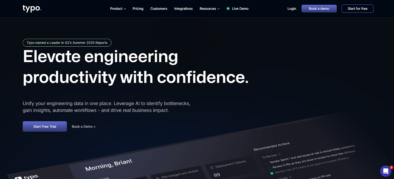 Typo platform showing engineering productivity features with AI-driven insights.