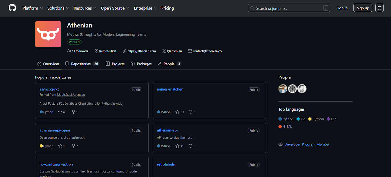 Athenian GitHub profile showing repositories, team members, and programming languages.