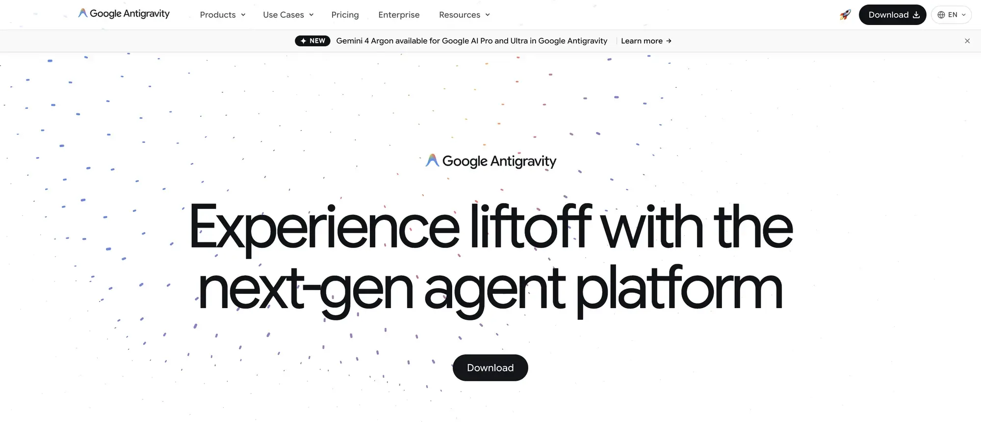 Page d'accueil de Google Antigravity, sa plateforme de développement centrée sur les agents
