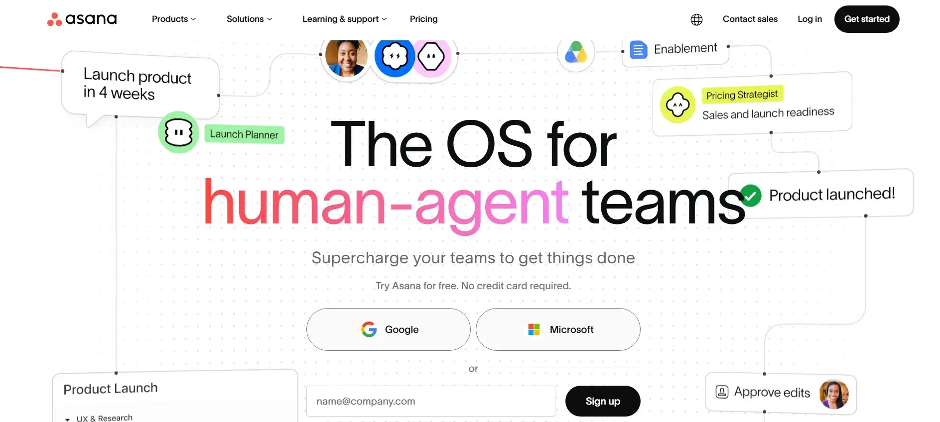 Asana homepage presenting work coordination for product launches across human and agent teams.