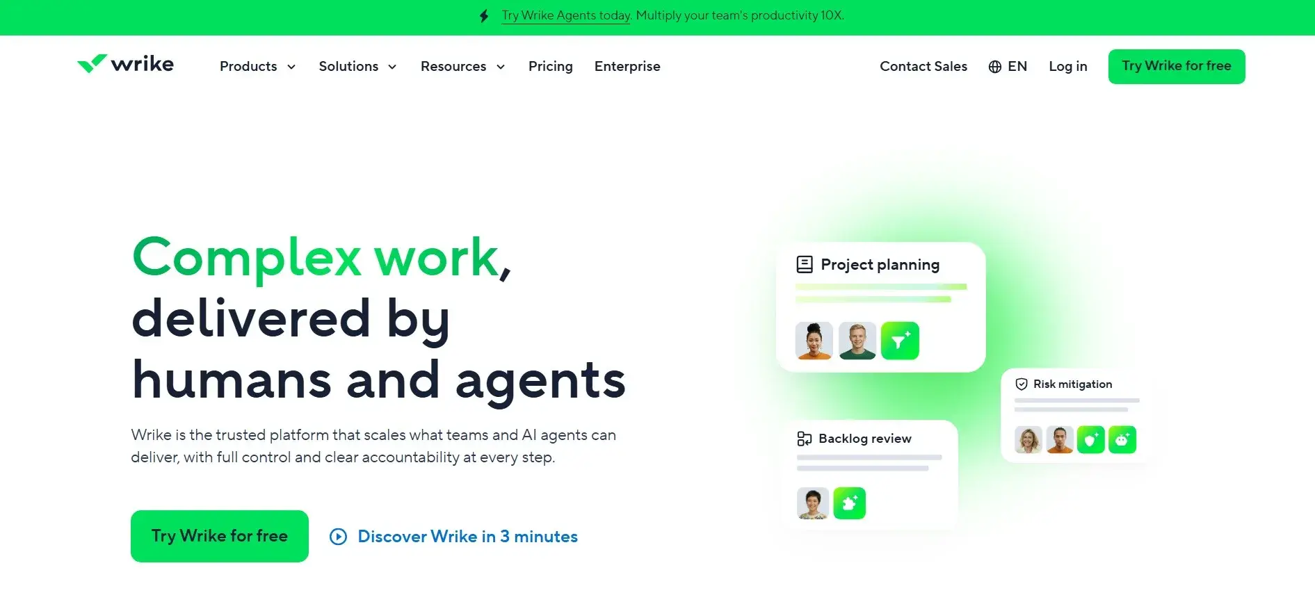Wrike homepage presenting work management for complex projects run by humans and agents.