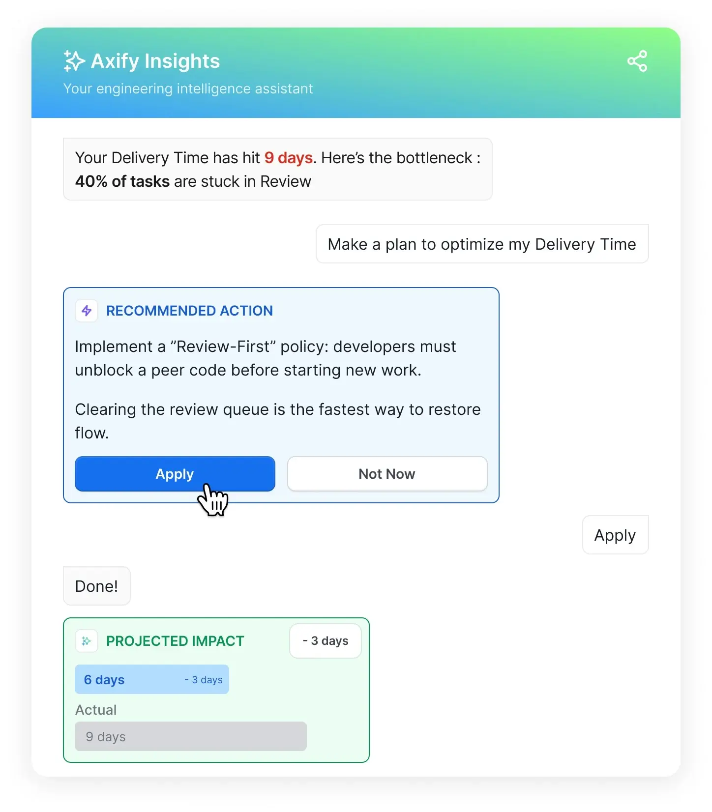 Axify Intelligence recommending a review-first policy to reduce delivery time.