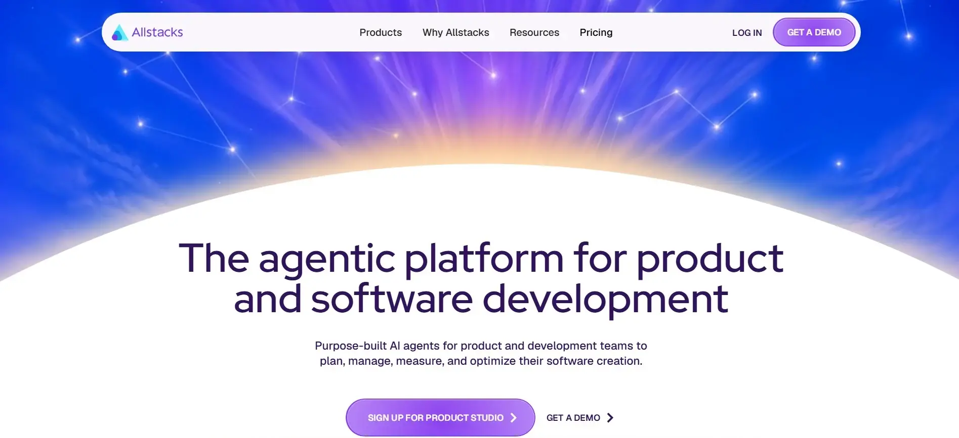 Allstacks homepage presenting its agentic platform for product and software development.