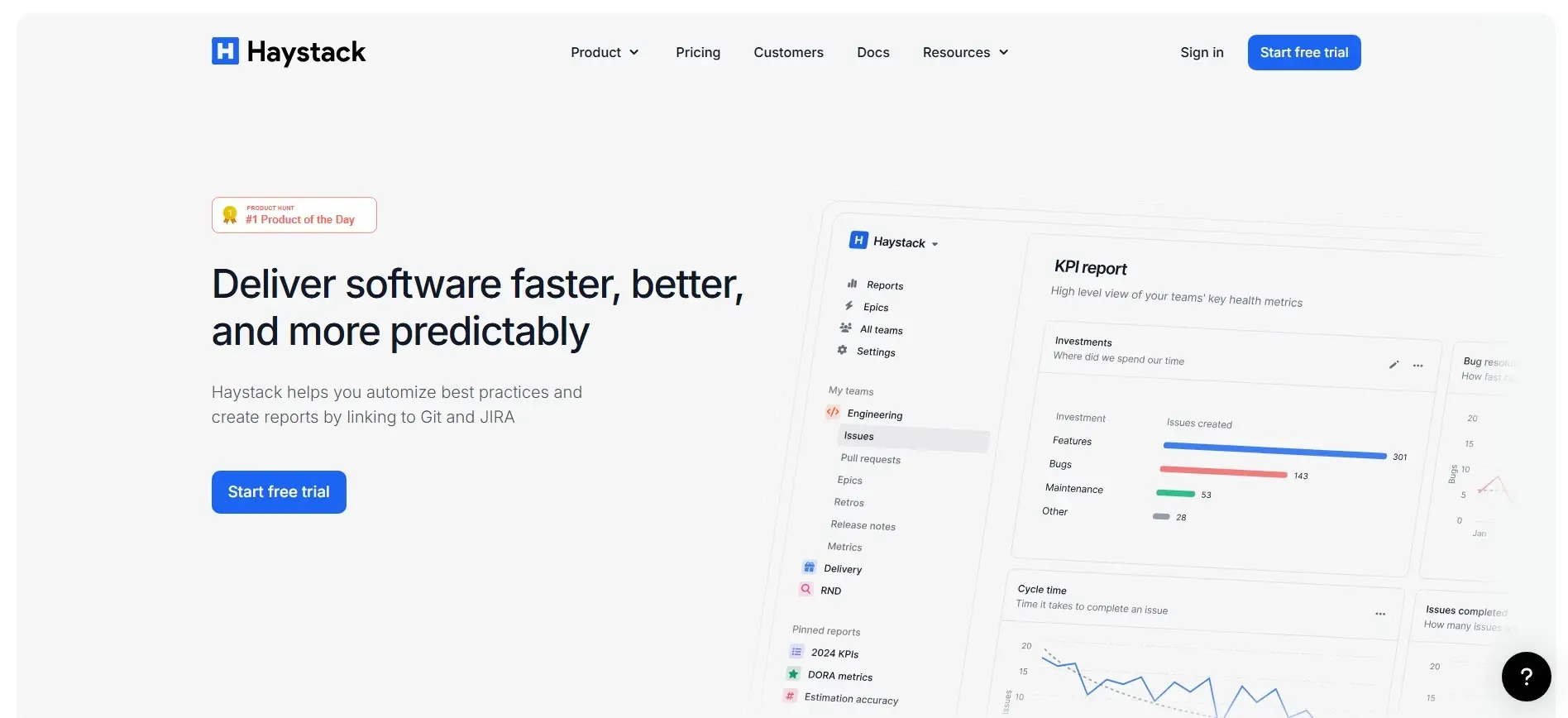 Haystack Haystack homepage for software delivery performance and project risk tracking.