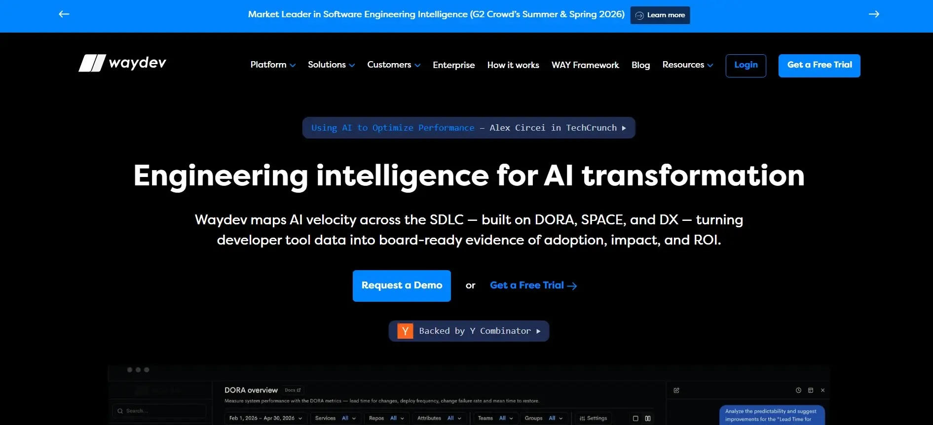 Waydev homepage about engineering intelligence for AI transformation.