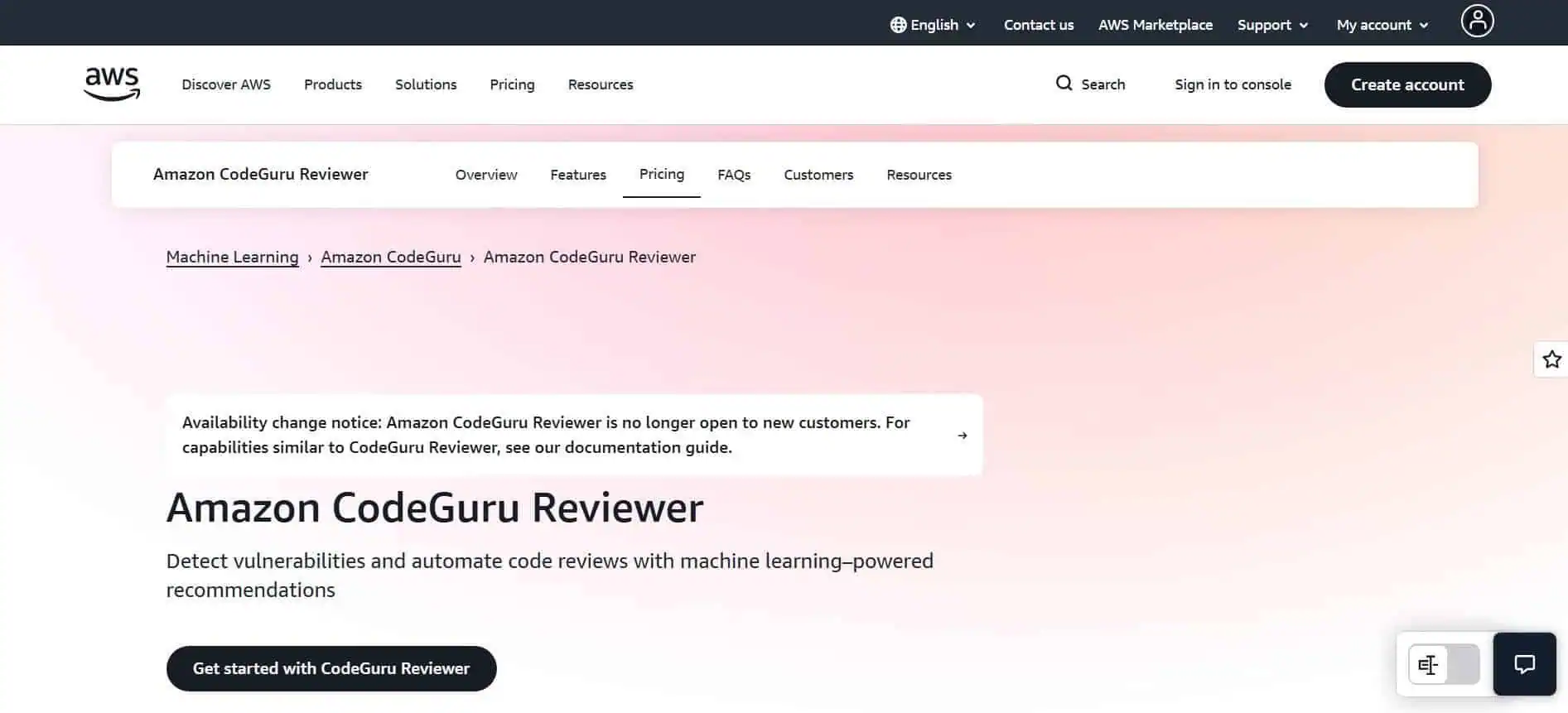 Amazon CodeGuru Reviewer ML- AI Code Review Tool A screenshot of the Amazon CodeGuru Reviewer product page, highlighting its machine learning capabilities for automated code reviews and vulnerability detection.
