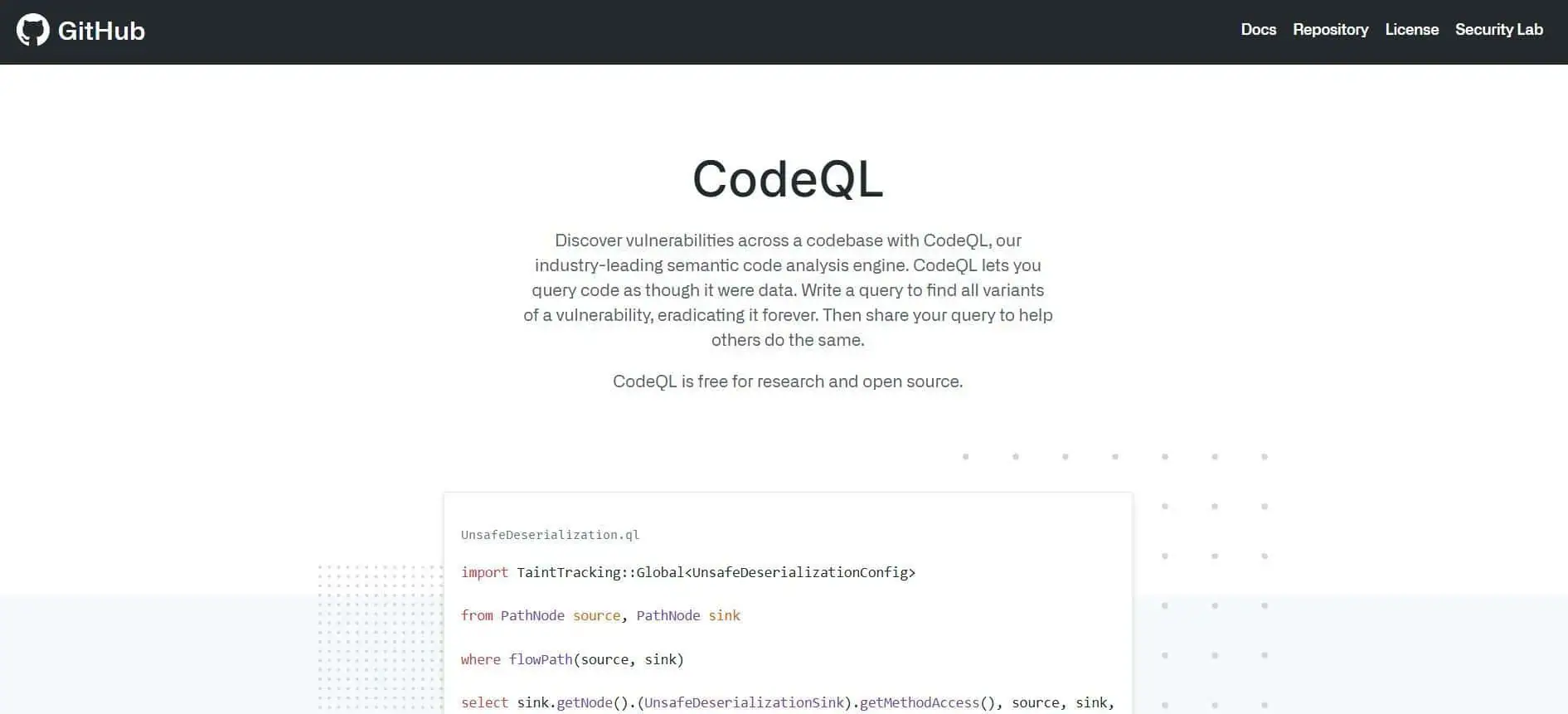 GitHub CodeQL Semantic Analysis A screenshot of the GitHub CodeQL homepage, displaying details about its semantic code analysis engine and a code example for detecting vulnerabilities.