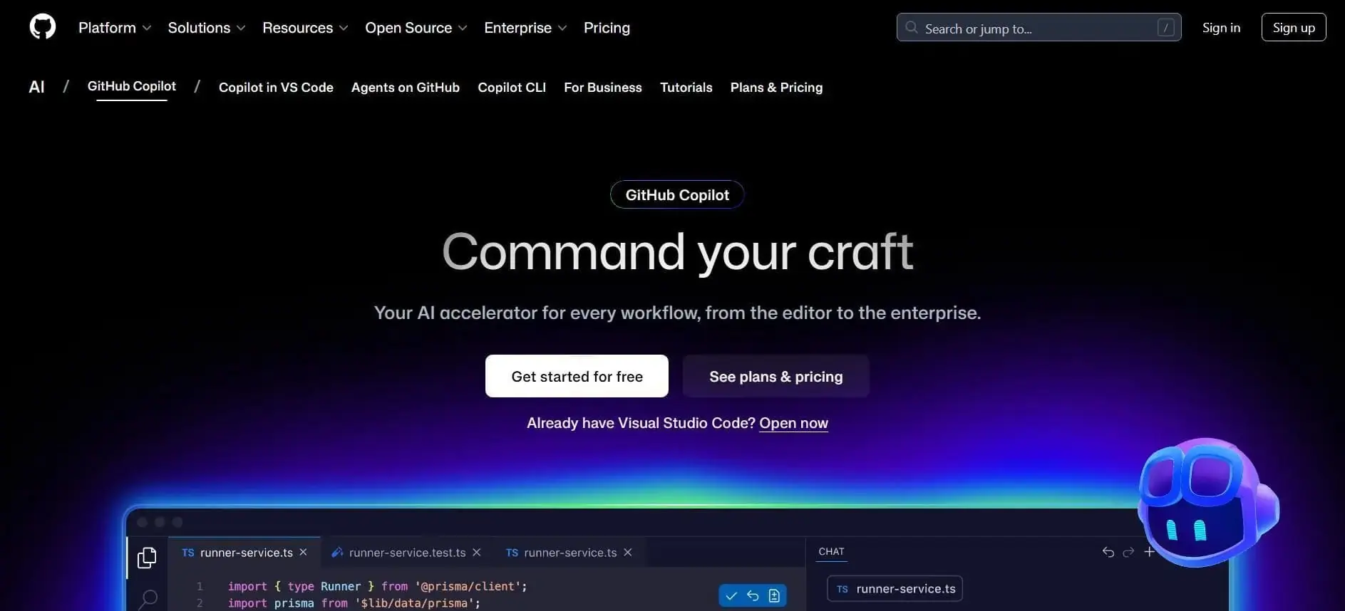 GitHub Copilot AI Code Review GitHub Copilot homepage showcasing AI-assisted code generation in a development environment with sample code files open, emphasizing its role in accelerating workflows.
