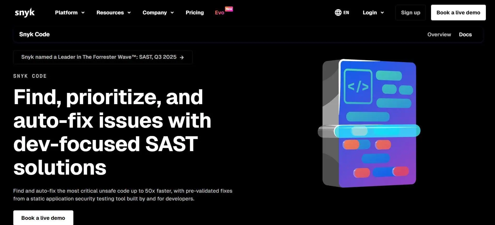 Snyk Code SAST Solution Snyk Code homepage showcasing its AI-powered static analysis capabilities for identifying and fixing security vulnerabilities in code.
