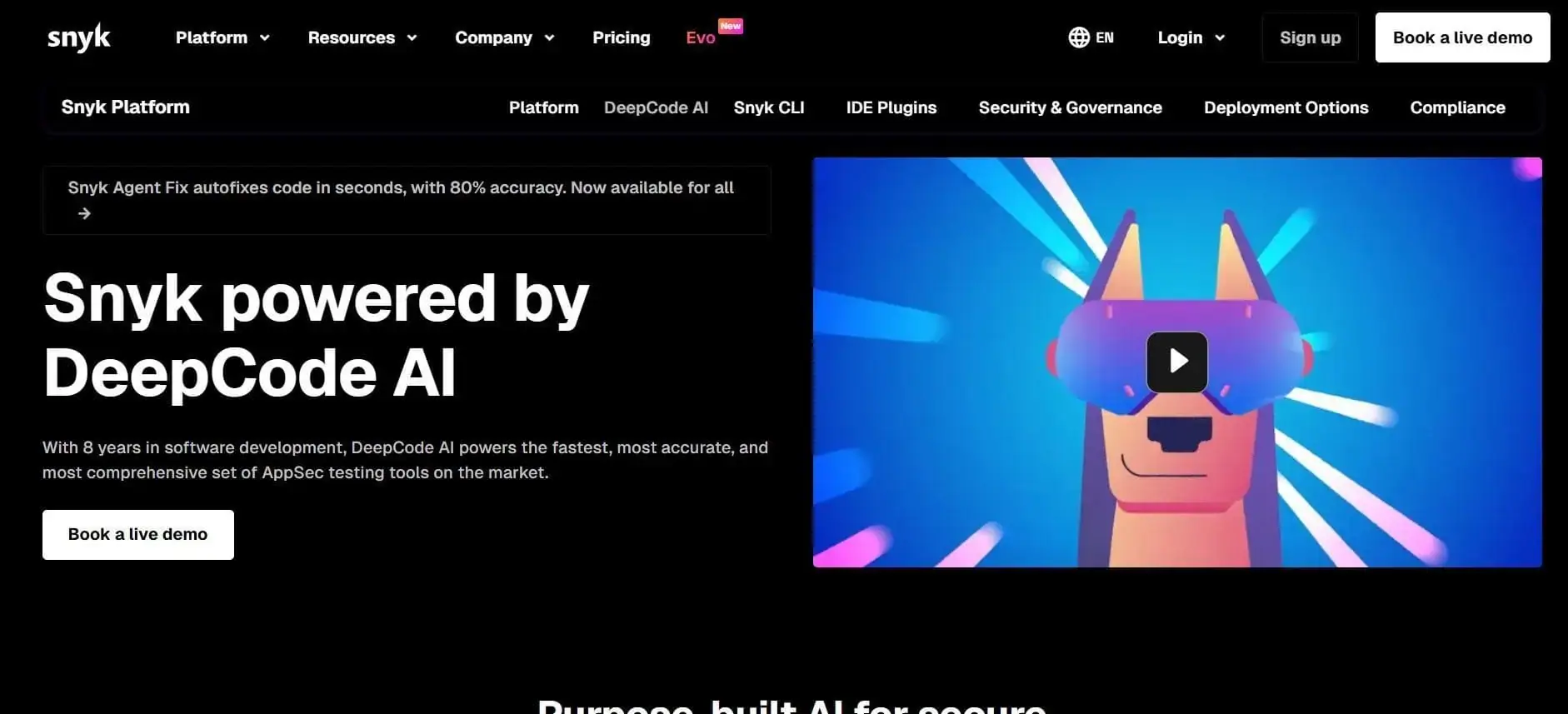 Snyk DeepCode AI Platform Snyk DeepCode AI marketing page showcasing its features for code autofixing and security analysis, with an animated dog avatar wearing VR goggles.