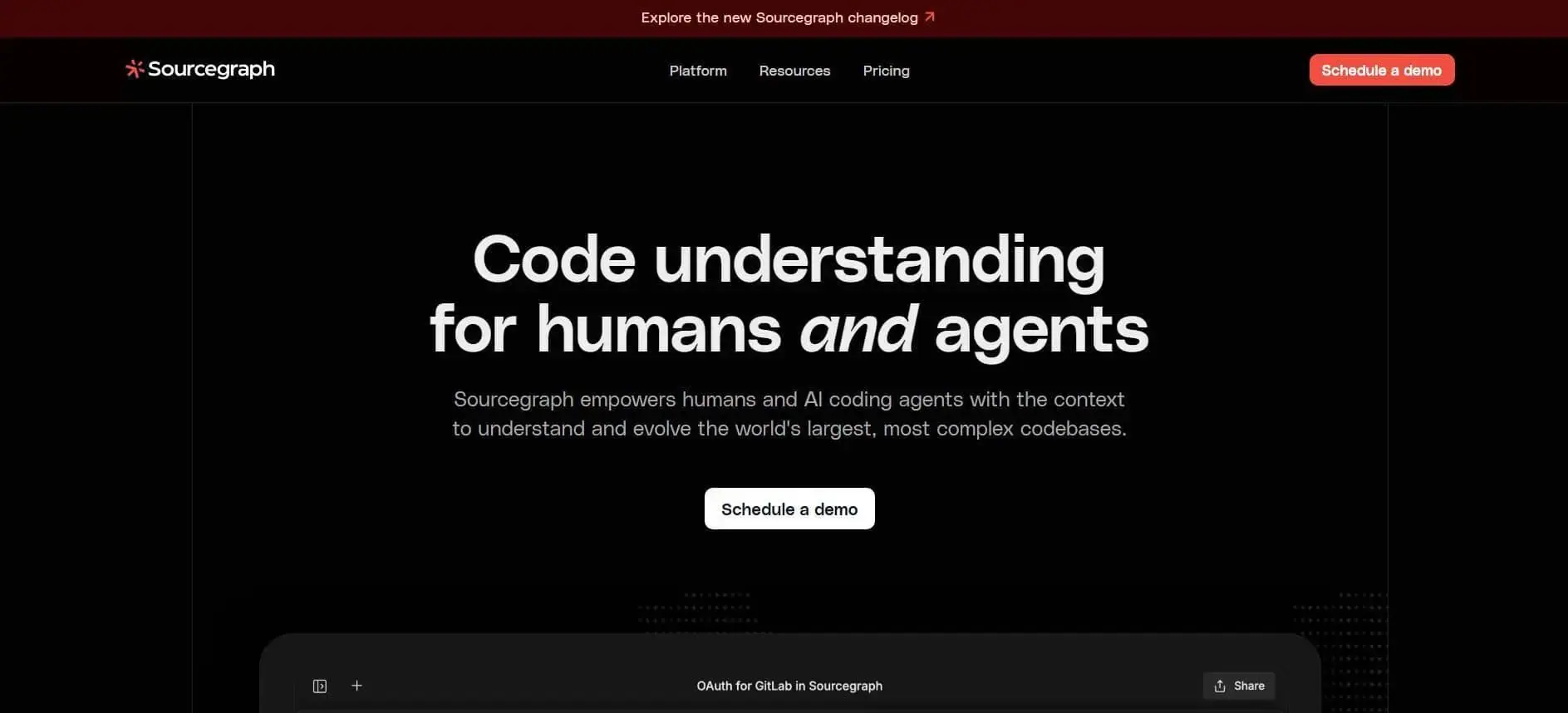 Sourcegraph: Code Understanding Platform Sourcegraph homepage displaying "Code understanding for humans and agents" and a call to action for scheduling a demo.