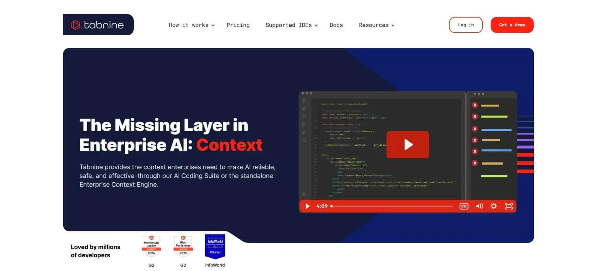 Tabnine AI Code Review Tool Tabnine homepage showcasing their AI coding tools for enterprise, featuring a code review interface and context engine. The image highlights "The Missing Layer in Enterprise AI: Context".