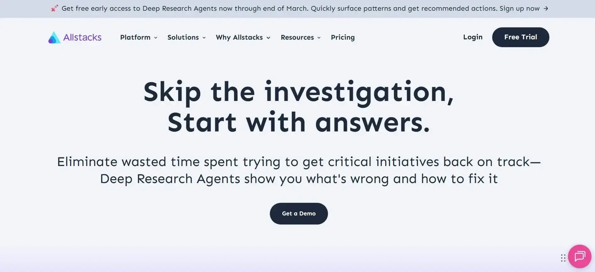A screenshot of the Allstacks website, showcasing their platform with the headline 'Skip the investigation, Start with answers.' highlighting their ability to provide risk visibility and forecasting.