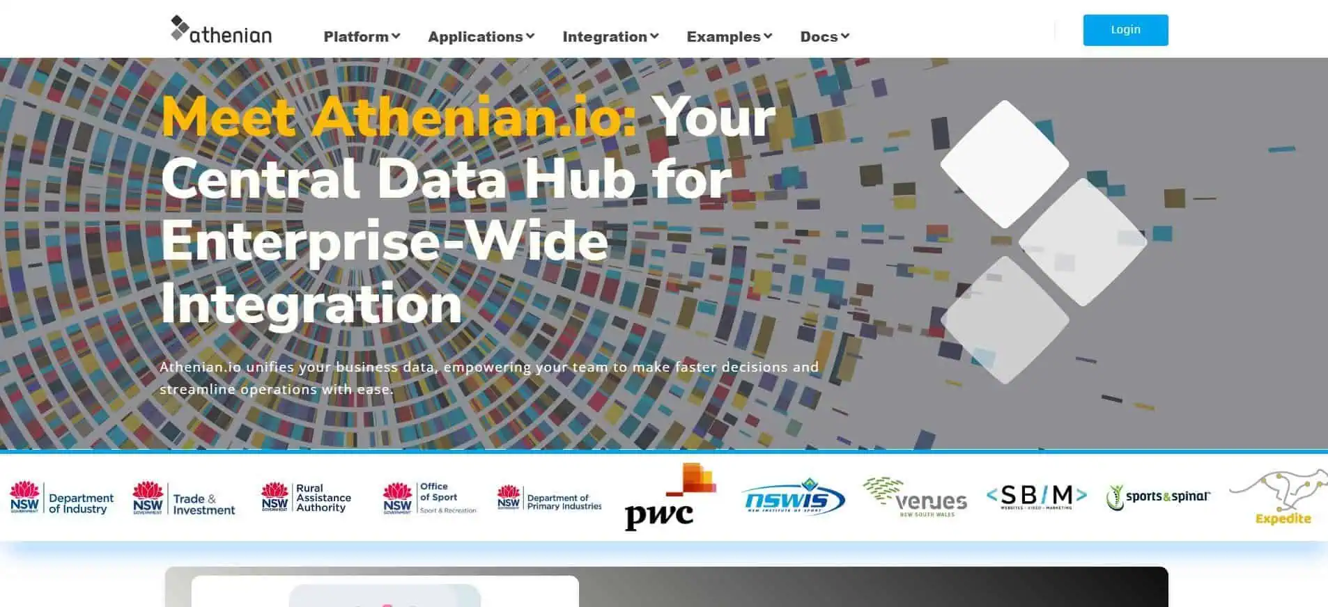 Screenshot of the Athenian.io website, showcasing its "Central Data Hub for Enterprise-Wide Integration" and client logos like PwC.