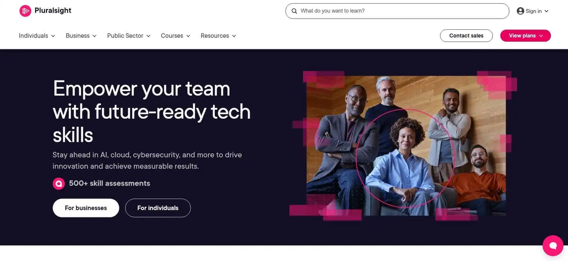 Pluralsight homepage screenshot showing a diverse team ready to empower with future-ready tech skills and skill assessments.