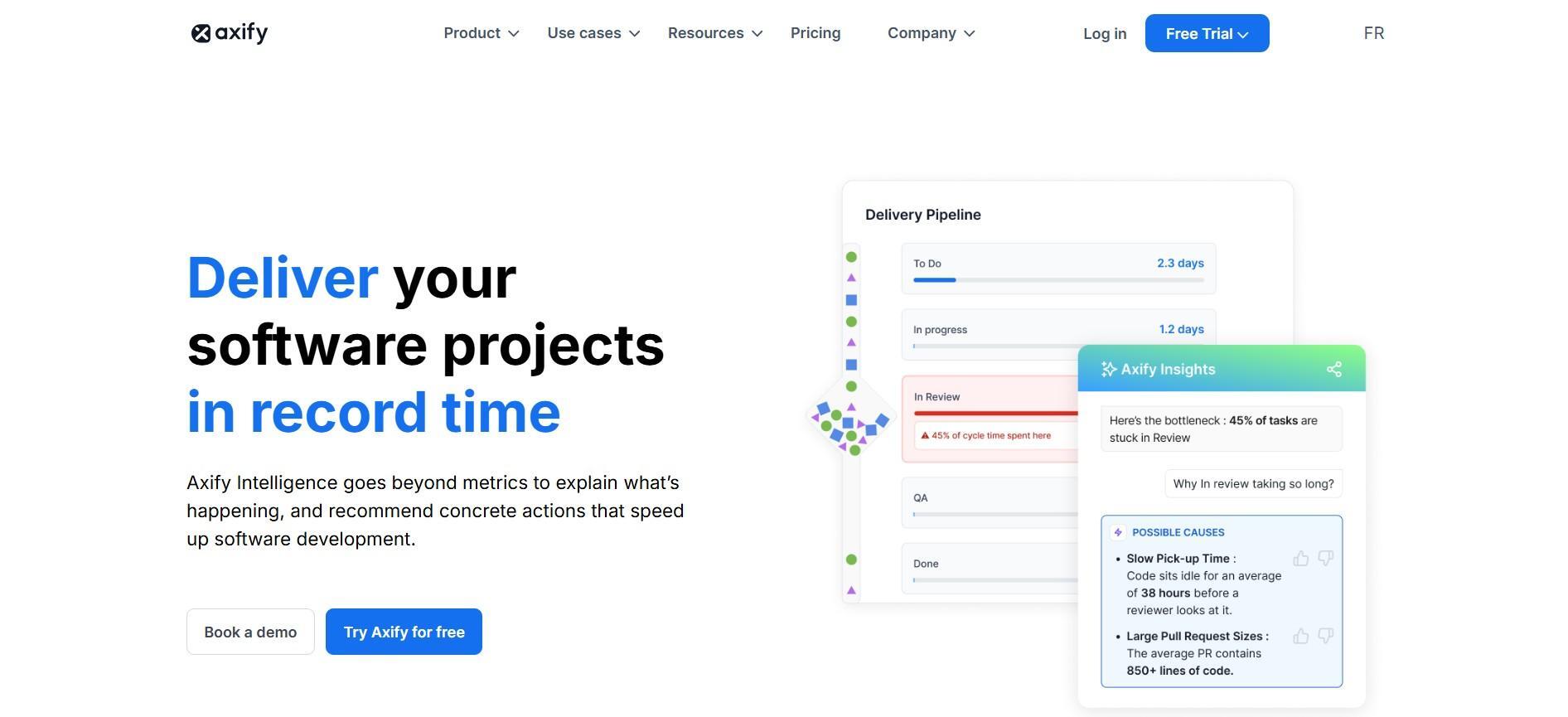 Axify Delivery Intelligence Dashboard Axify platform dashboard displaying delivery pipeline, cycle time, and AI-driven insights for optimizing software projects and delivery.
