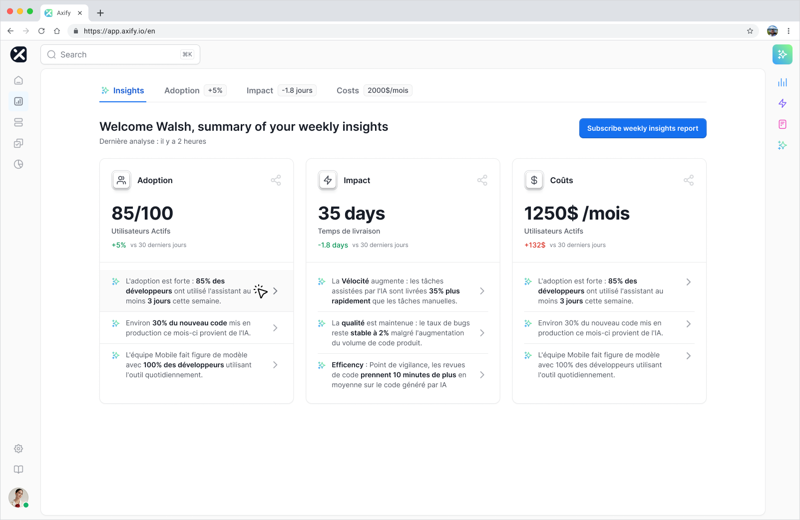 Axify Weekly Insights Dashboard Axify Intelligence dashboard displaying weekly insights for Walsh, summarizing adoption, impact on delivery time, and associated costs, highlighting AI's role.