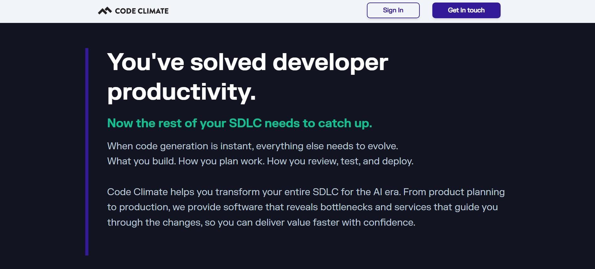 Code Climate: SDLC and AI Code Climate Velocity platform interface showcasing developer productivity solutions for SDLC in the AI era, including bottleneck identification and value delivery.