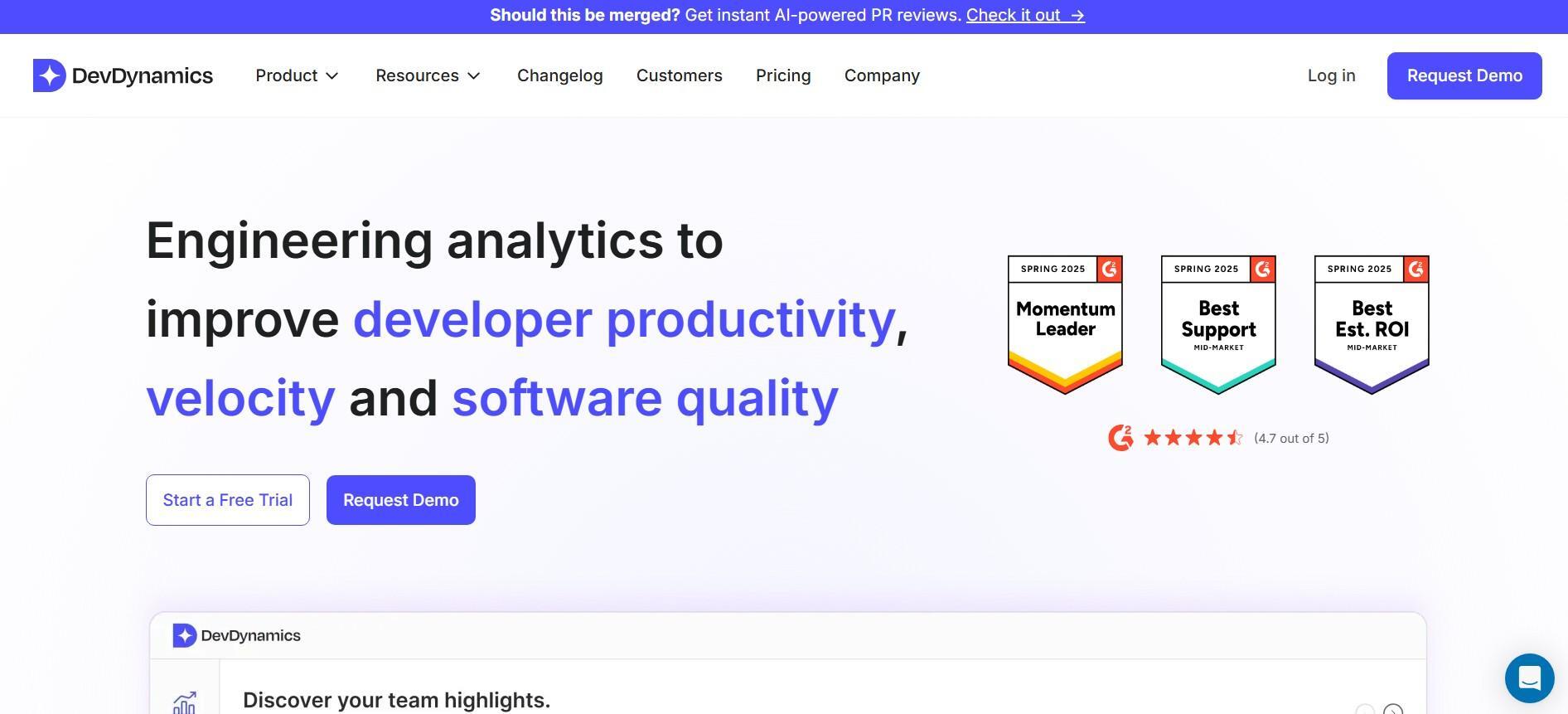 DevDynamics Engineering Analytics DevDynamics homepage showcasing engineering analytics for improving developer productivity, velocity, and software quality, highlighting awards.