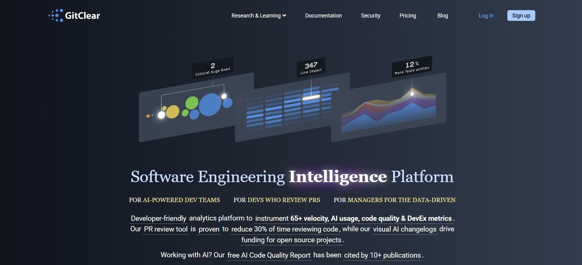 GitClear: Software Intelligence Metrics GitClear dashboard showcasing metrics like critical bugs fixed, line impact, and increased test writing for software engineering intelligence.