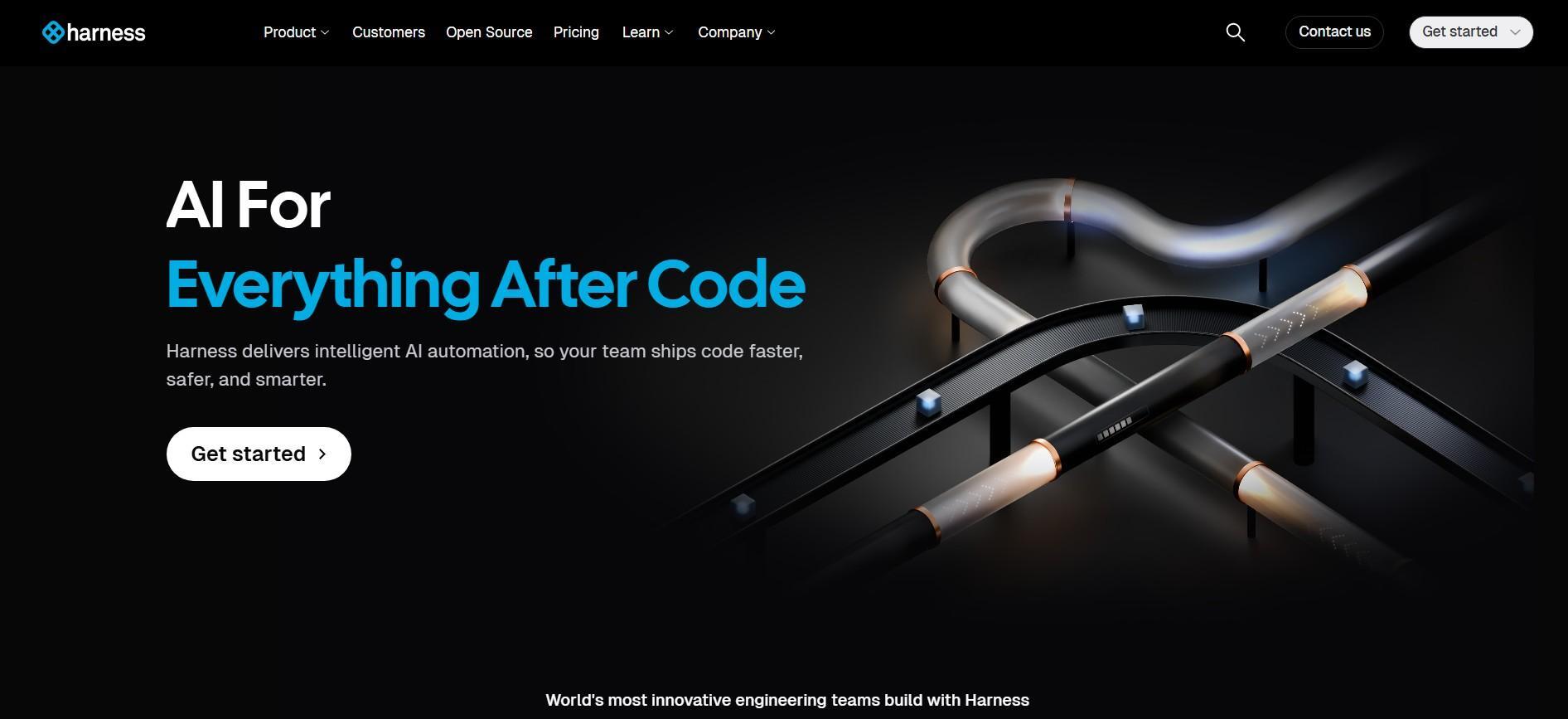 Harness AI Automation platform Harness homepage displaying "AI For Everything After Code" with abstract pipeline graphics representing intelligent AI automation for faster, safer code delivery.