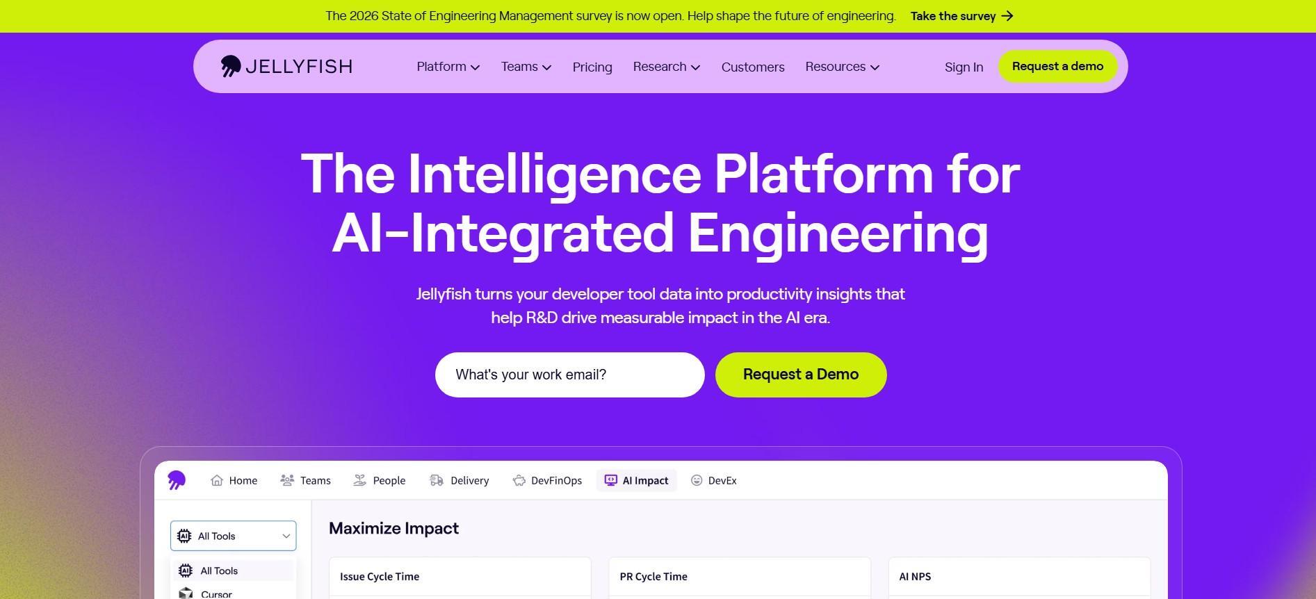 Jellyfish AI-Integrated Engineering Jellyfish website screenshot showcasing "The Intelligence Platform for AI-Integrated Engineering" with navigation, demo request and feature previews like "Maximize Impact"