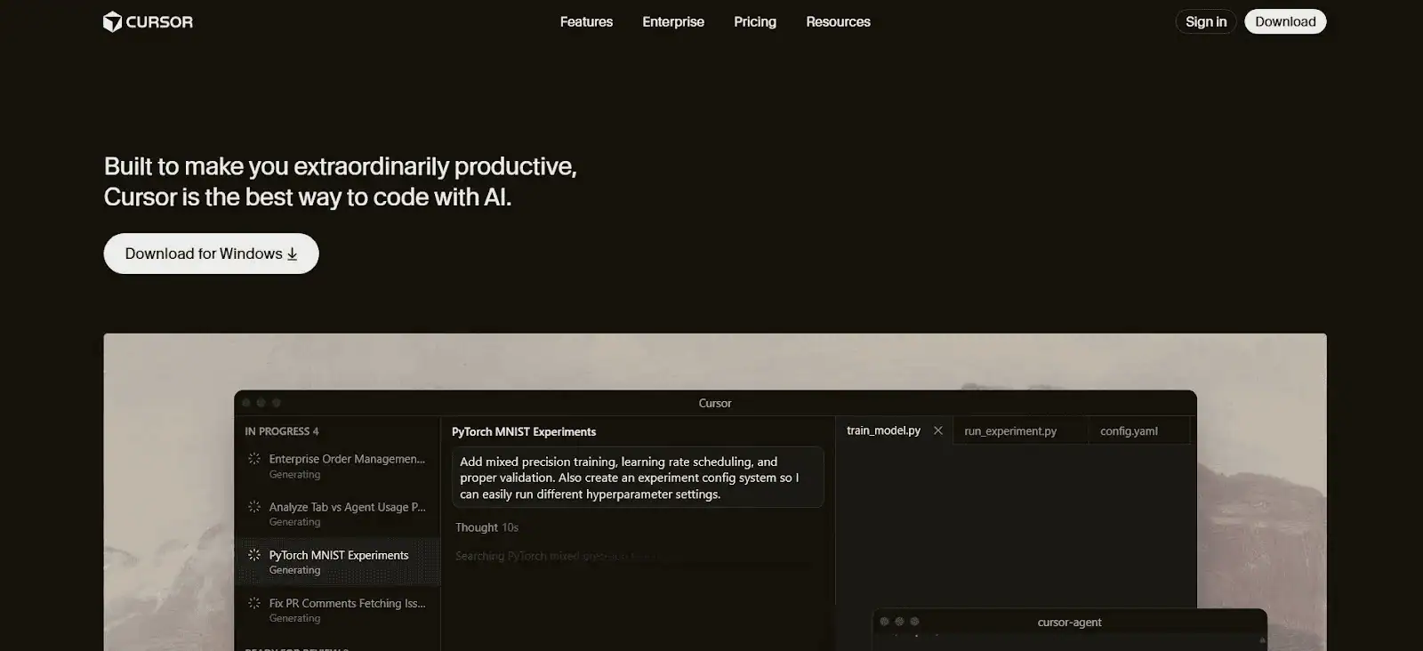 Cursor AI coding tool for writing and editing code with agent workflows