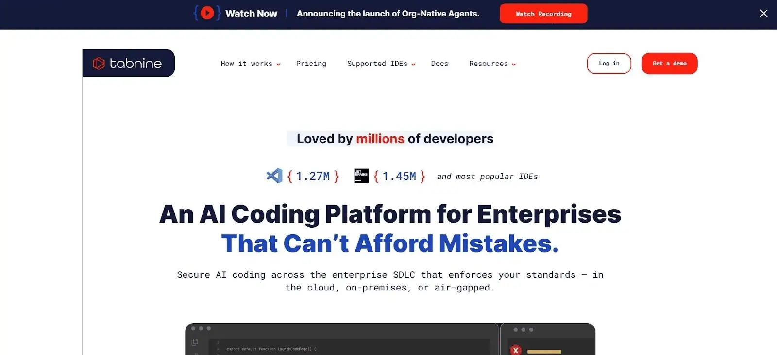 Tabnine AI coding platform for enterprise code completion and security