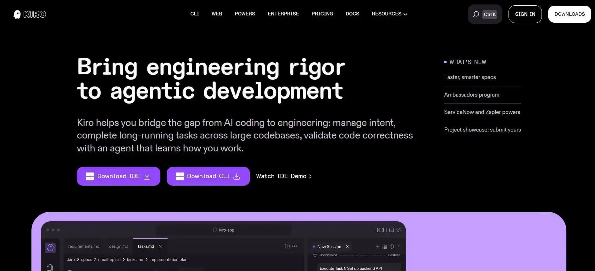 Kiro AI IDE for spec-driven coding, testing, and engineering workflows.