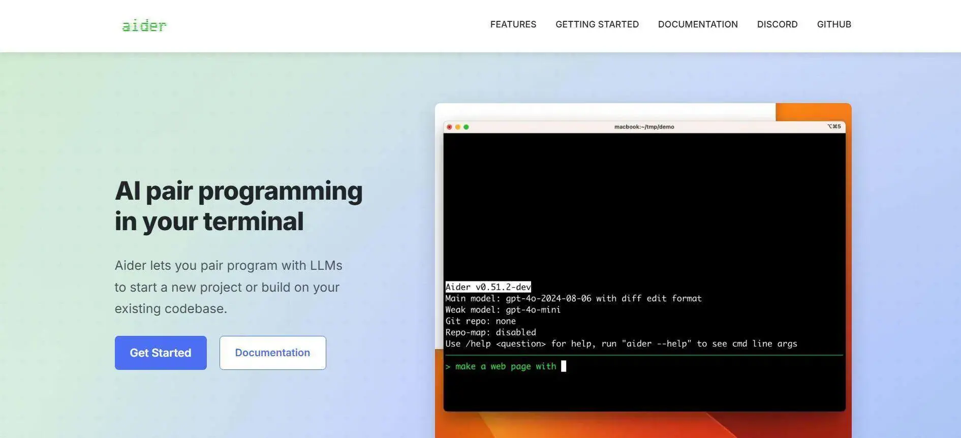 Aider terminal AI pair programming tool for repo-based coding tasks.